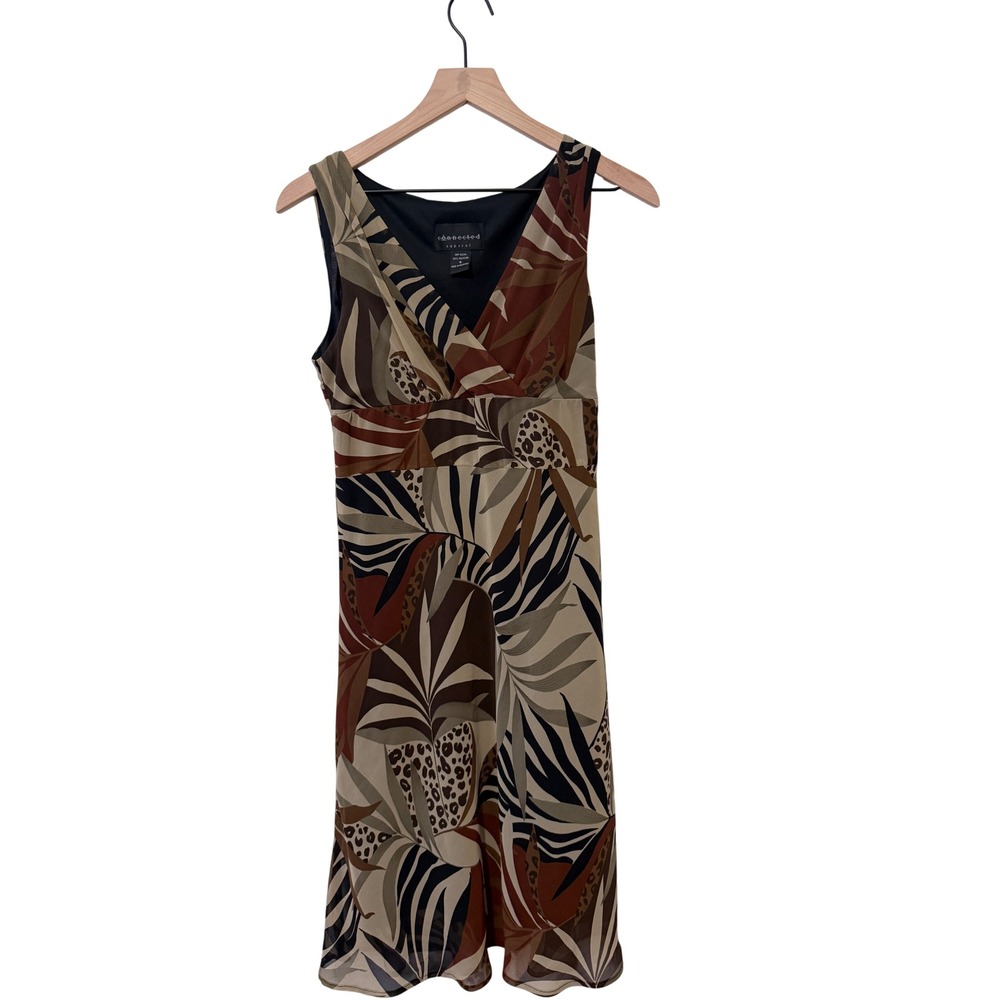 Vintage Connected Apparel Tropical Leaf Animal Print Midi Dress Tie‎ 90s Y2K